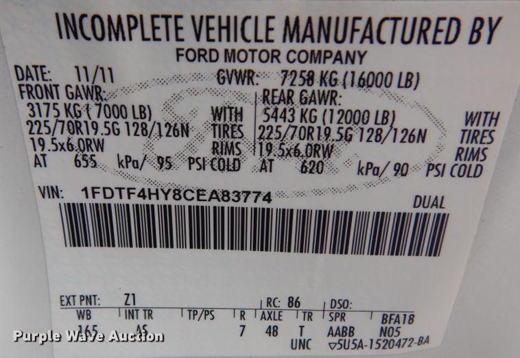 image for item JG9038 2012 Ford F450 Super Duty XL  truck cab and chassis