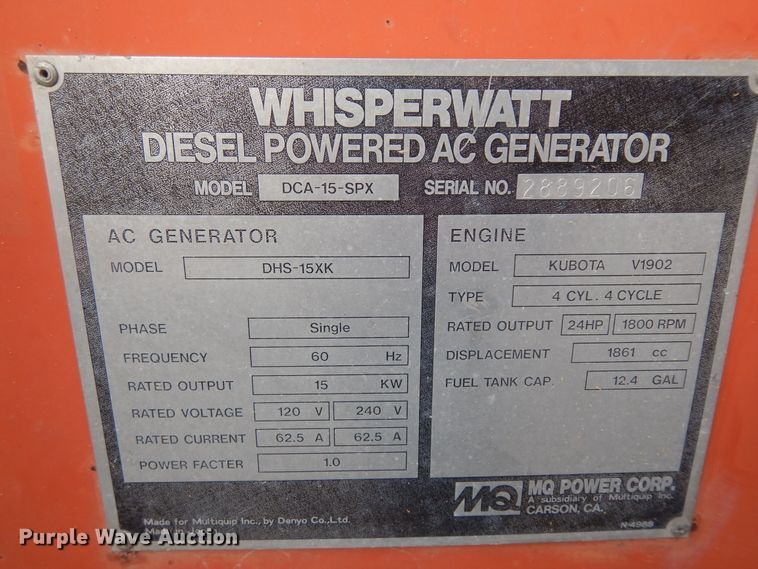 image for item KU9118 Multiquip Whisperwatt 15  generator