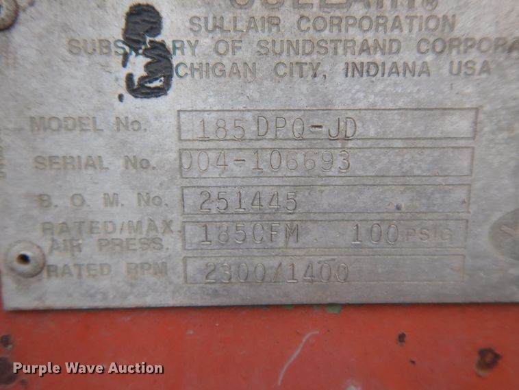 image for item KU9119 Sullair 185DPQ-JD  air compressor