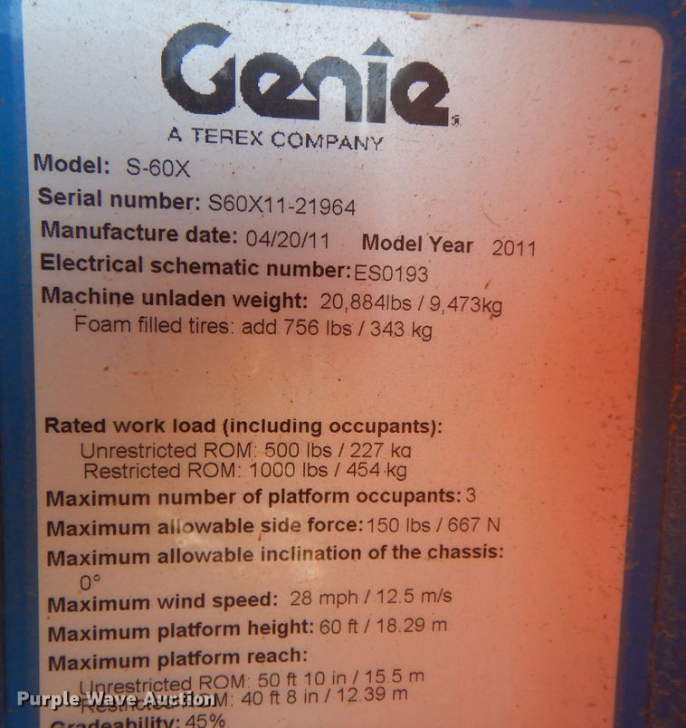 image for item DI5354 2011 Genie S-60X  boom lift
