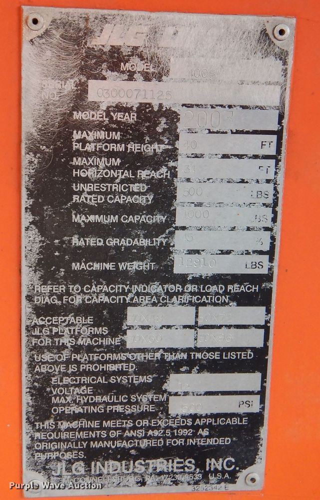 image for item DL3183 2003 JLG 400S  boom lift