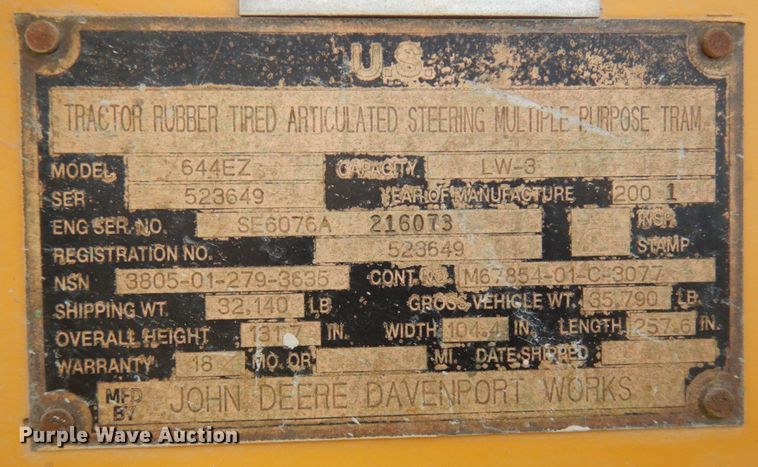 image for item JQ9304 1989 John Deere 644EZ  wheel loader