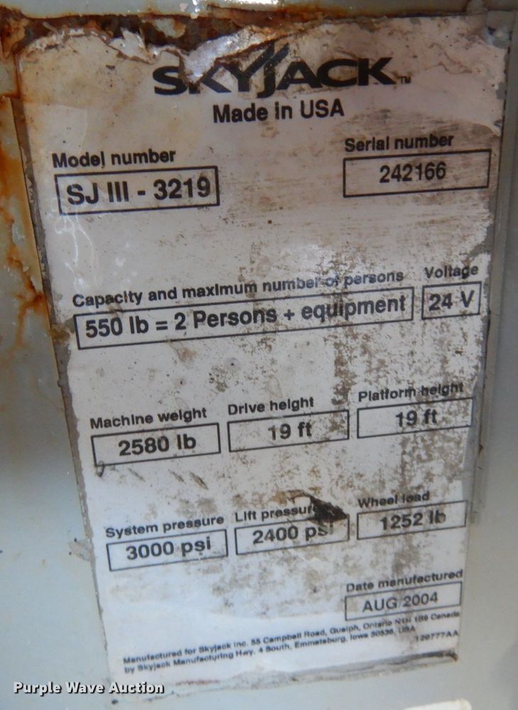 image for item KI9480 2004 Sky Jack SJII-3219  scissor lift