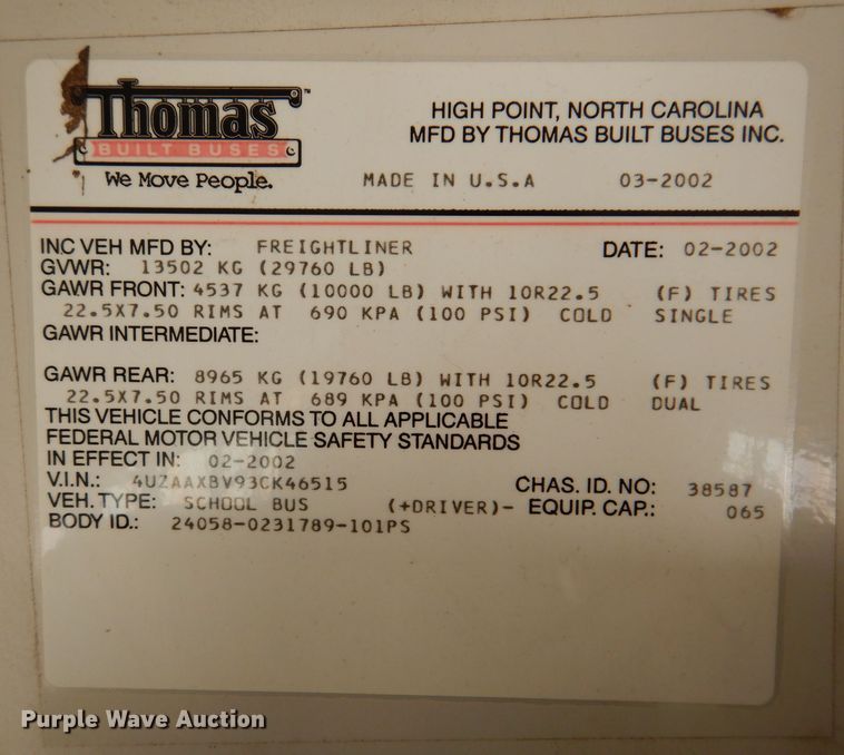 image for item KA9407 2003 Freightliner FS65  school bus