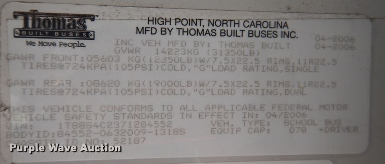 image for item KA9408 2007 Thomas Built  school bus