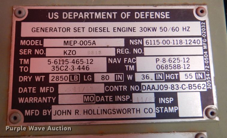 image for item KX9243 1988 John R Hollingsworth MEP-005A  generator
