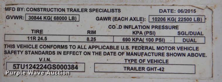 image for item DJ7412 2016 Construction Trailer Specialists GHT-42  grain trailer
