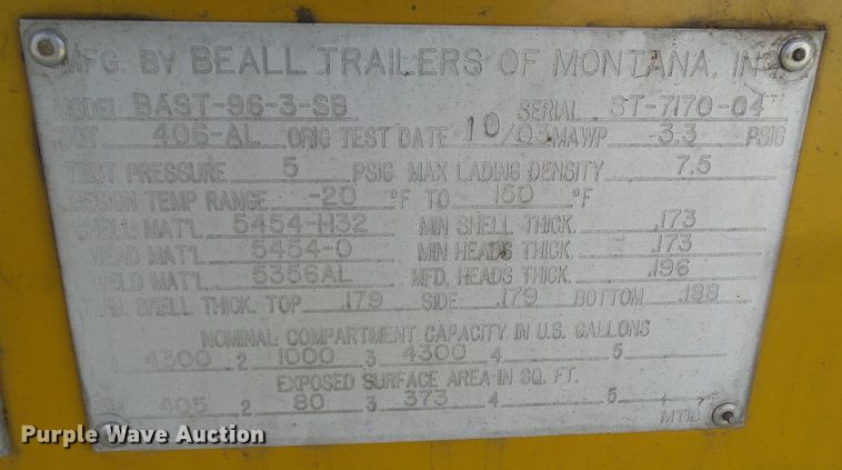 image for item DA7171 2004 Beall BAST-96-3-SB  tank trailer