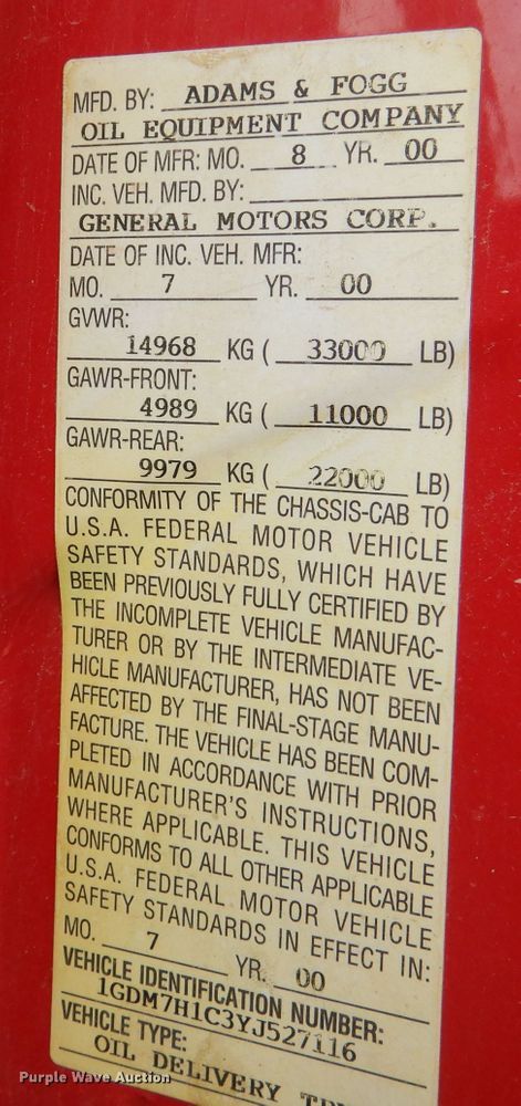 image for item DJ8875 2000 GMC C7500  fuel truck