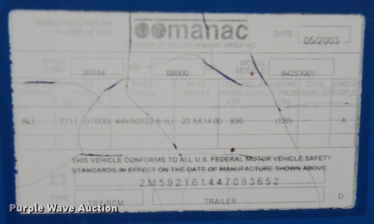 image for item JQ9348 2004 Manac 94253001  dry van trailer