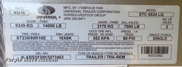 image for item DI5779 2019 Exiss STC6824LQ  livestock trailer