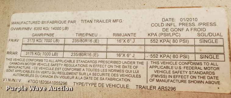 image for item GK9972 2010 Titan AR5296  livestock trailer