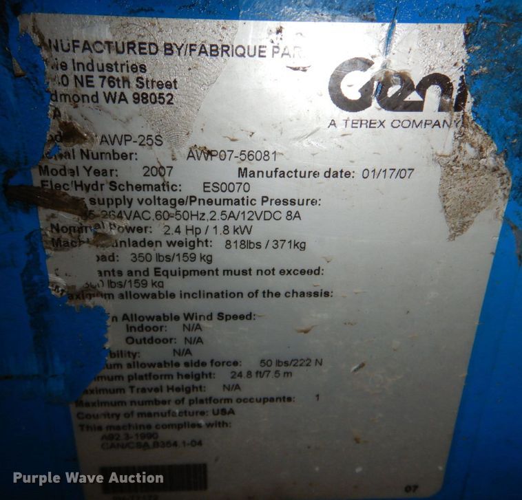 image for item DK1261 2007 Genie AWP-255  vertical lift