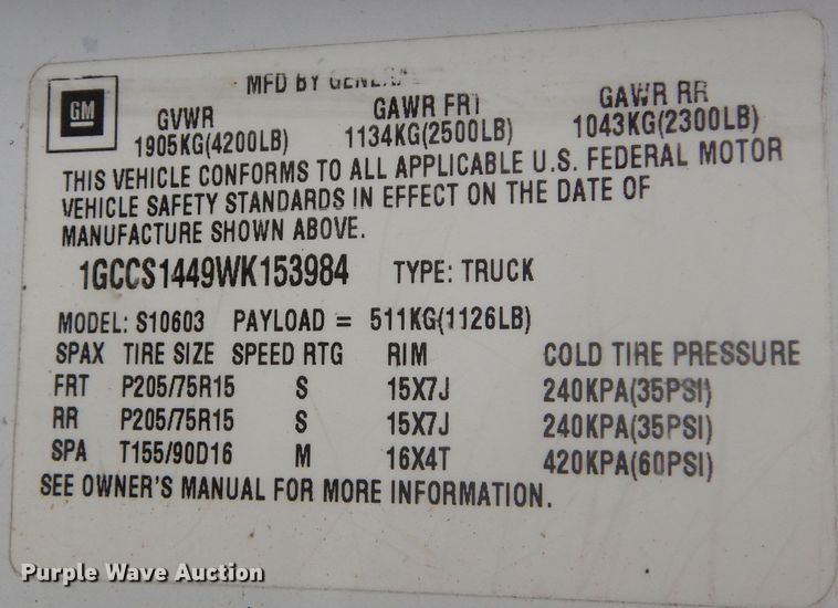 image for item DL6403 1998 Chevrolet S10  pickup truck