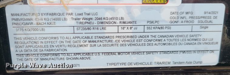 image for item EZ9186 2022 Load Trail  dump trailer
