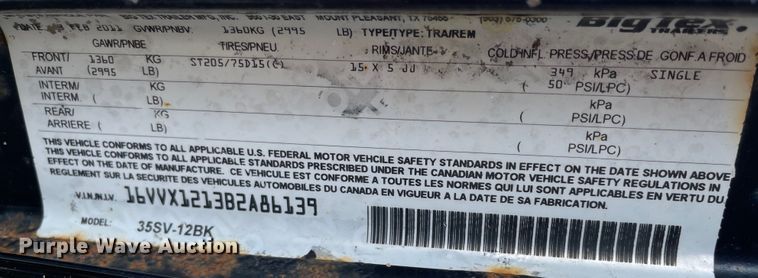 image for item IK9558 2011 Big Tex 35SV  utility trailer