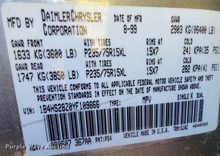 image for item KQ9128 2000 Dodge Durango  SUV