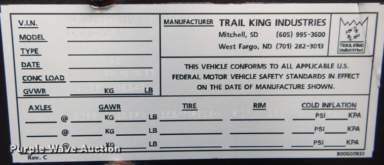 image for item DM0635 1996 Trail King TK1000HDG  lowboy equipment trailer