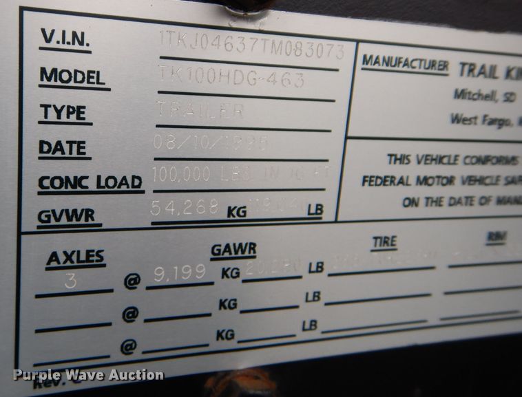 image for item DM0635 1996 Trail King TK1000HDG  lowboy equipment trailer