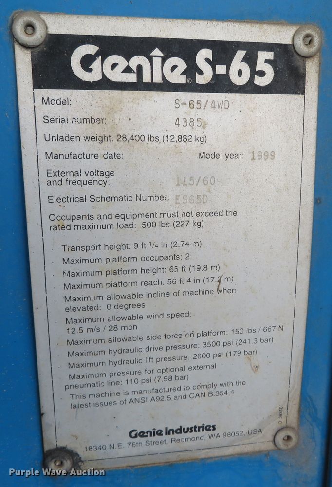 image for item DN7771 1999 Genie S-65  boom lift