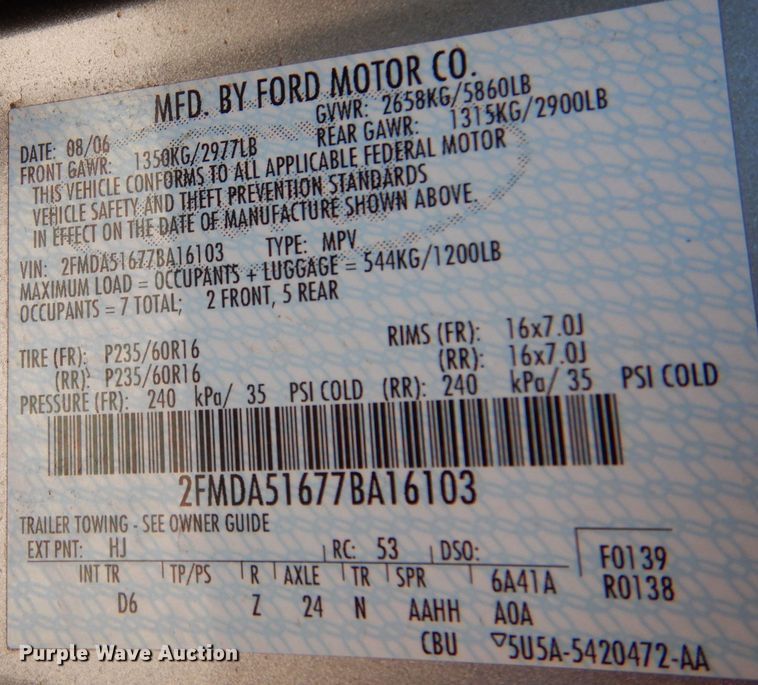 image for item DJ7540 2007 Ford Freestar  van