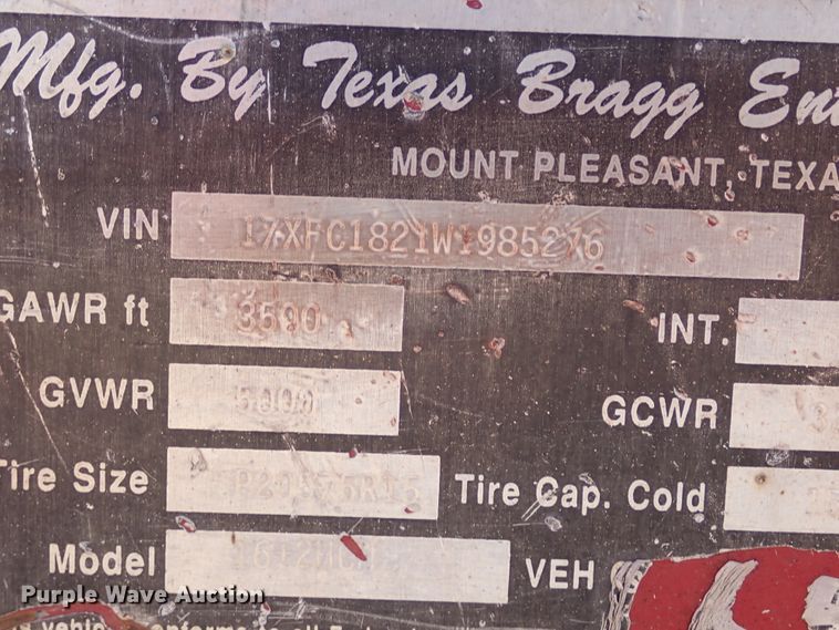 image for item DL6138 1998 Texas Bragg  utility trailer