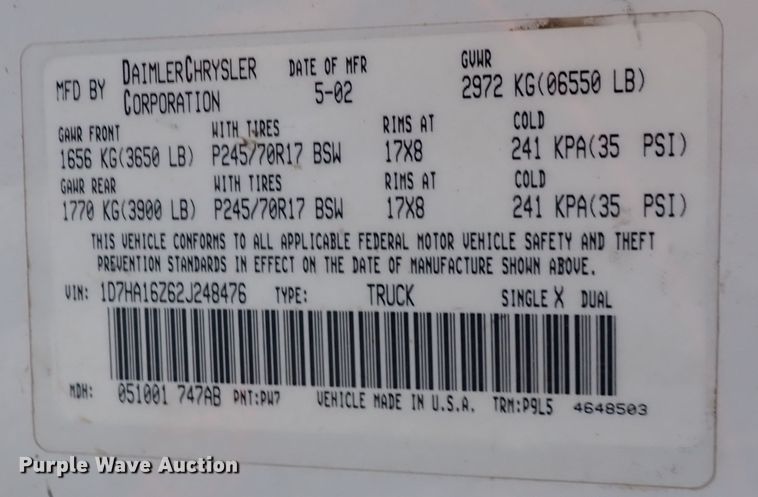 image for item DL6144 2002 Dodge Ram 1500  pickup truck