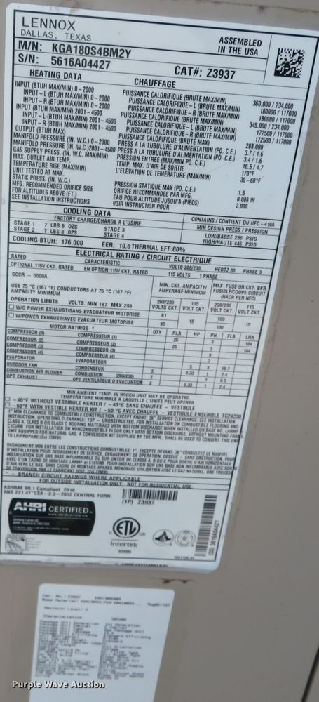 image for item DN7795 Lennox KGA180S4BM2Y  HVAC