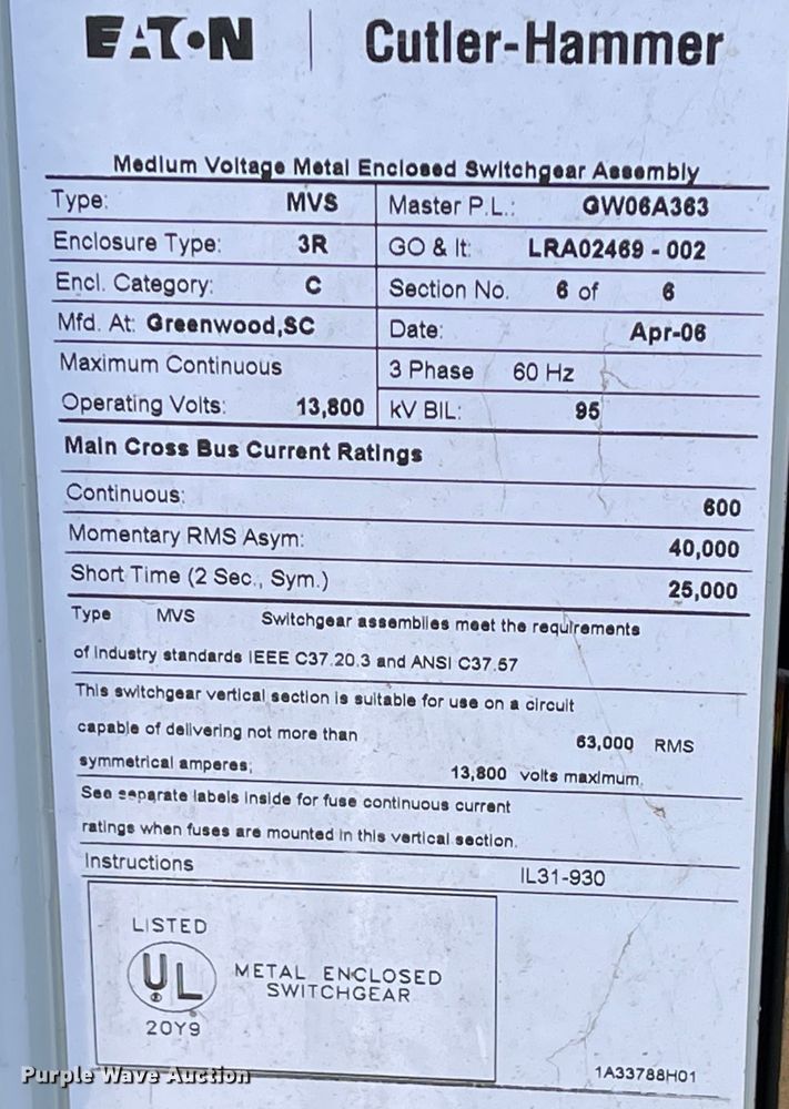 image for item IK9570 Eaton Cutler Hammer  switchgear assembly