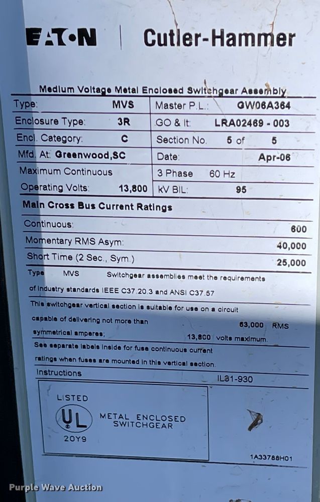 image for item IK9571 Eaton Cutler Hammer  switchgear assembly