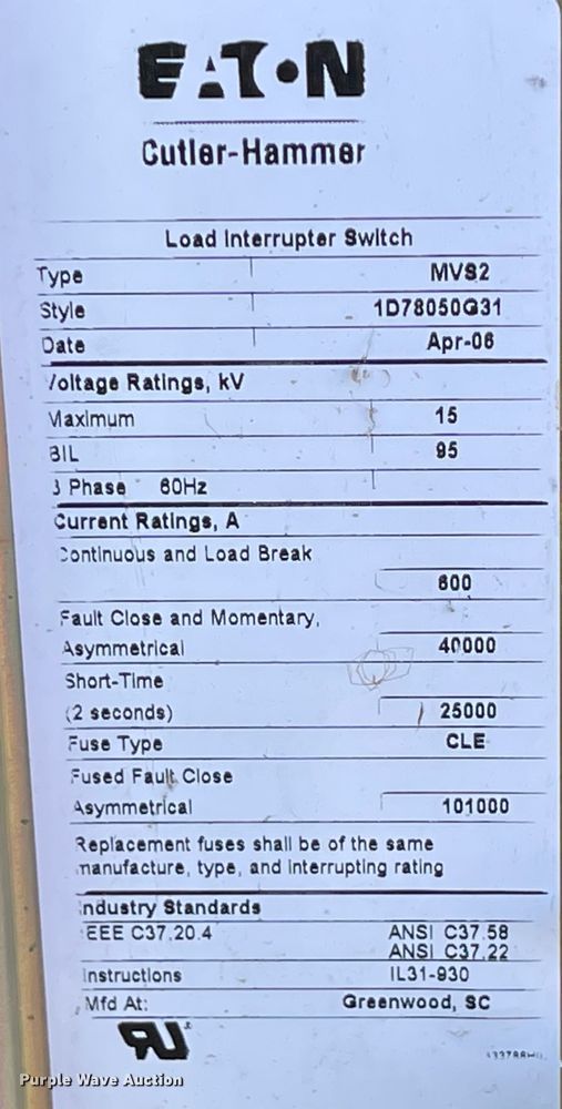 image for item IK9571 Eaton Cutler Hammer  switchgear assembly
