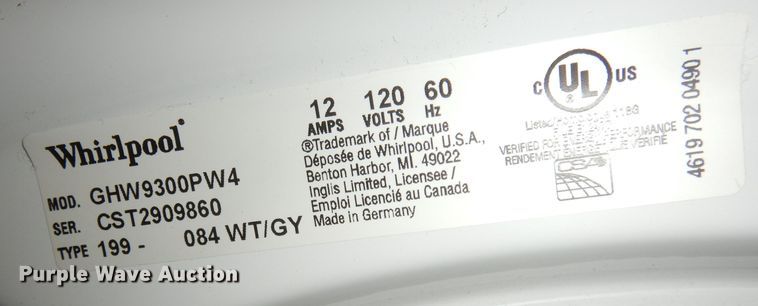 image for item KA9741 Whirlpool GHW9300PW4  washing machine