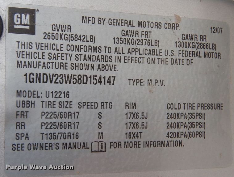 image for item KV9022 2008 Chevrolet Uplander LS  van