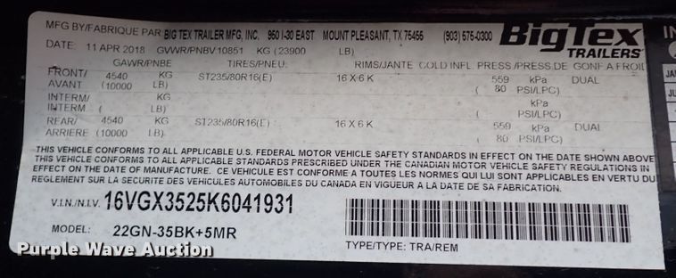 image for item DI5787 2019 Big Tex 22GN-35BK-5MR  equipment trailer