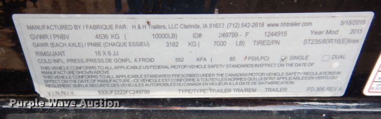 image for item DK1268 2015 H&H  utility trailer