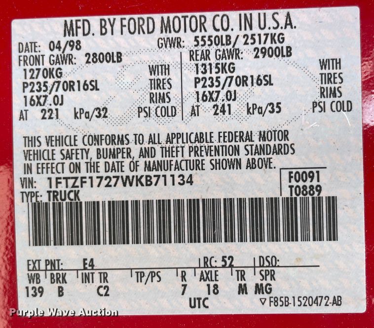 image for item IX9504 1998 Ford F150  pickup truck