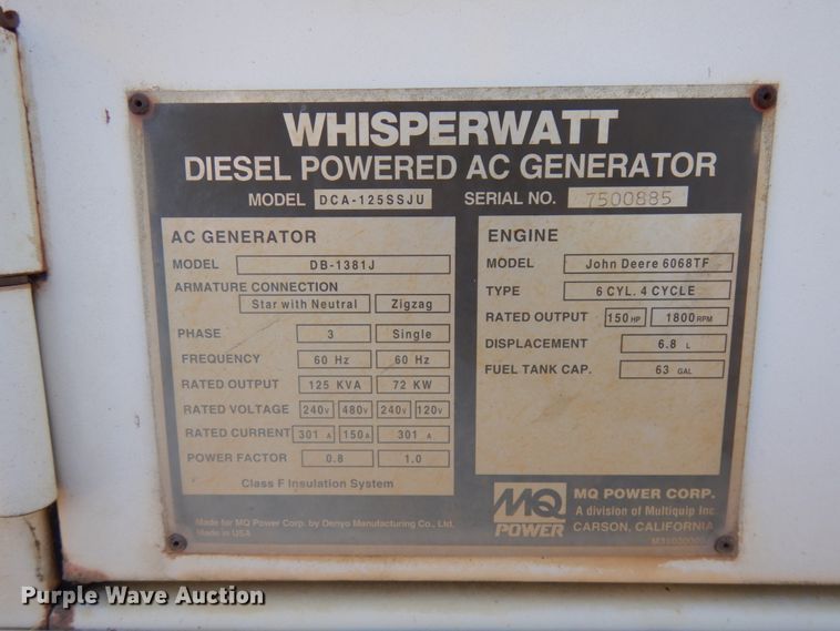 image for item KK9774 Whisperwatt DCA-125SSJU  generator