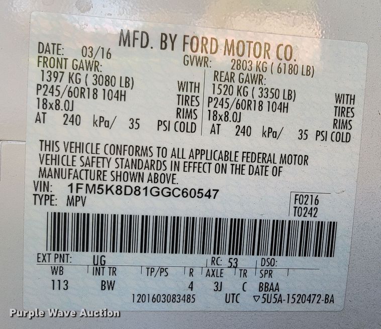 image for item KQ9091 2016 Ford Explorer  SUV