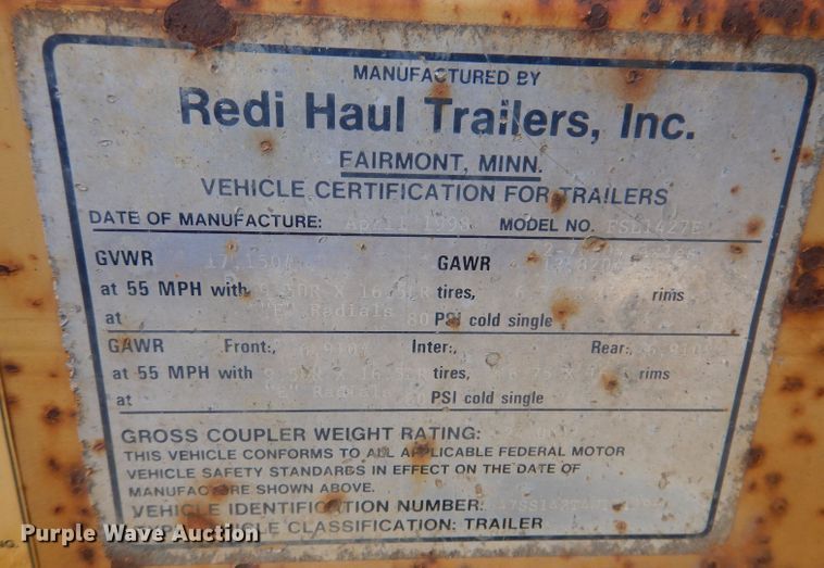 image for item KY9650 1998 Redi Haul FSL1427E  utility trailer