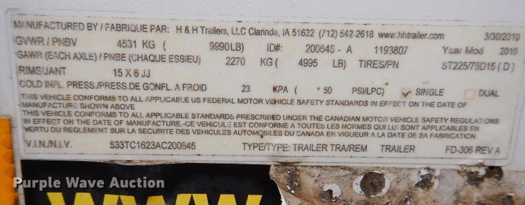 image for item KY9665 2010 H&H  enclosed cargo trailer