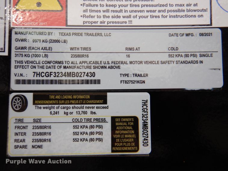 image for item DK1266 2021 Texas Pride FT827521KGN  equipment trailer