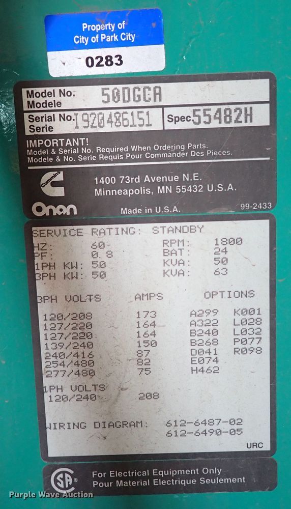 image for item DL7669 Onan 50DGCA  generator
