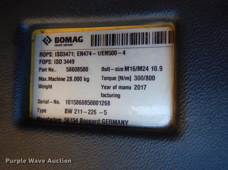 image for item DN6533 2017 Bomag BW211DH-5  single drum vibratory roller
