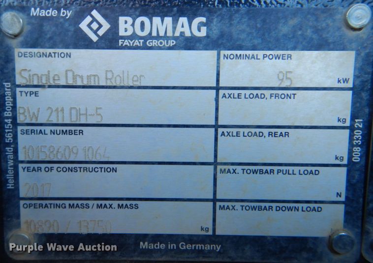 image for item DN6533 2017 Bomag BW211DH-5  single drum vibratory roller