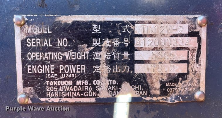 image for item II9482 2016 Takeuchi TL12V-2  tracked skid steer loader