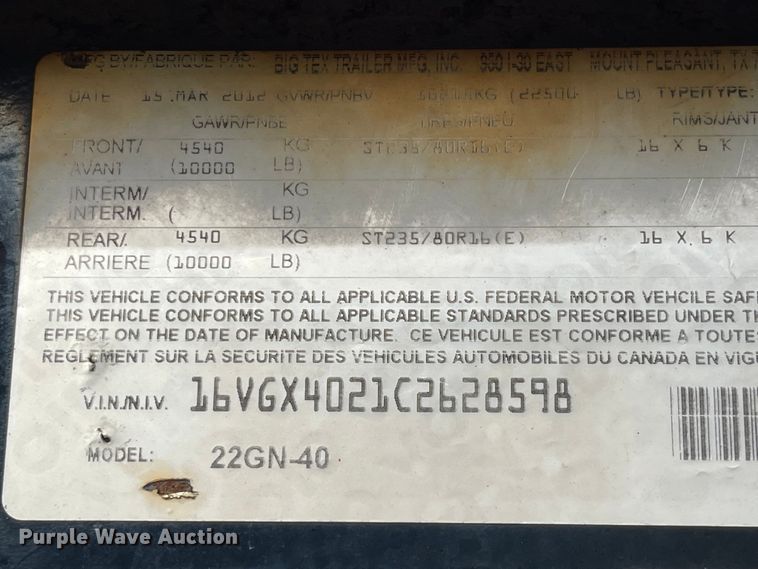 image for item IK9614 2012 Big Tex 22GN-40  equipment trailer