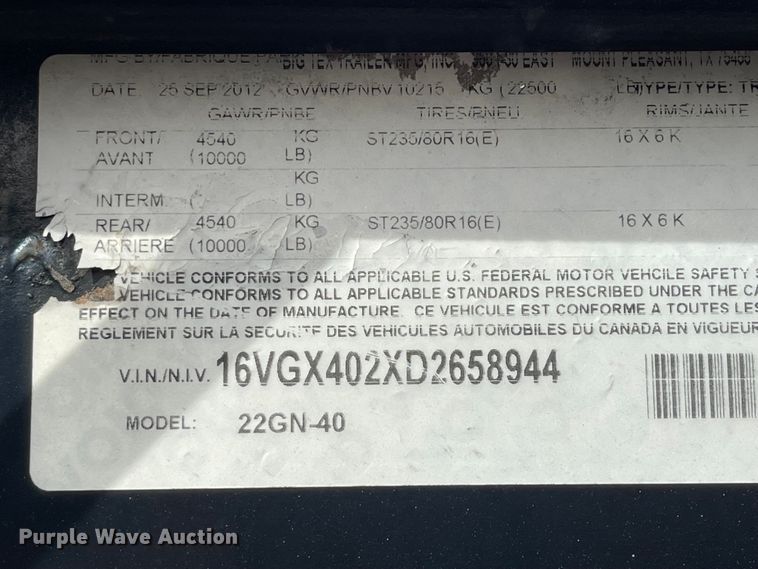 image for item IK9615 2013 Big Tex 22GN-40  equipment trailer