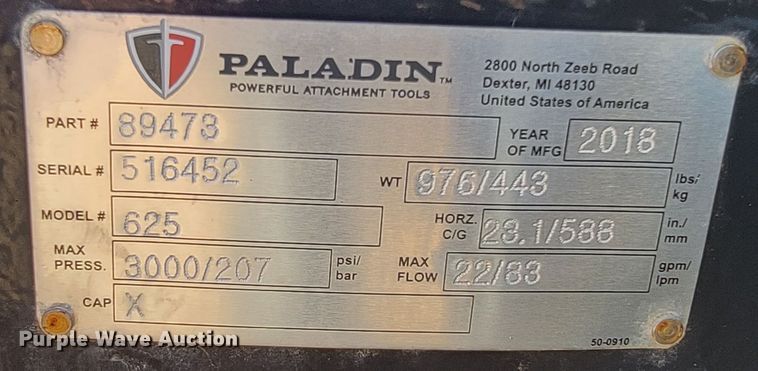 image for item KQ9115 2018 Paladin 625 skid steer trencher
