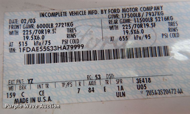 image for item KY9555 2003 Ford E550 Super Duty  box truck