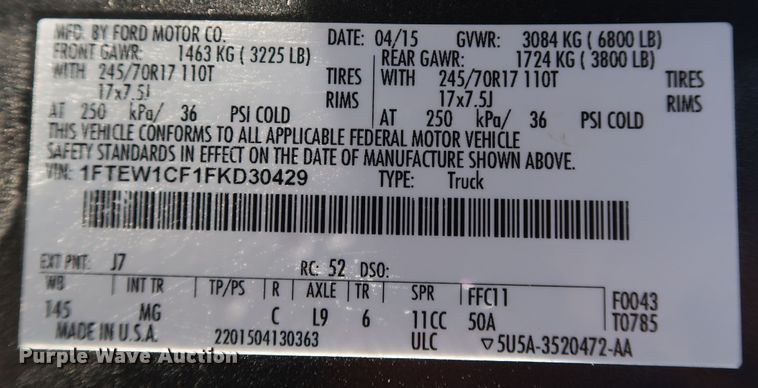 image for item JP9335 2015 Ford F150  SuperCrew pickup truck